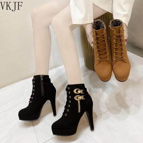 Plus Size Ankle Boots Women Platform High Heels Female Lace Up Shoes Woman Buckle Short Boot Casual Ladies Footwear