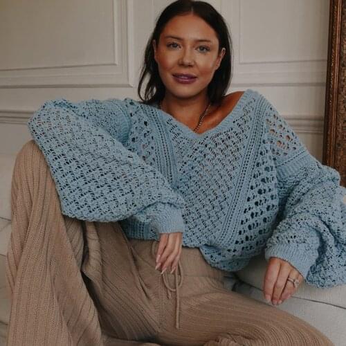 2020 Autumn and Winter New Fashion Womens Pullover Sweater Knitted Jacket Top Loose Sexy V-neck Hollow Solid Color Sweater