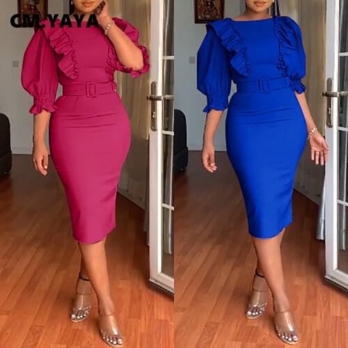 CM.YAYA Autumn Winter Half Lantern Sleeve Slah Neck Dress SOlid Office Lady Pencil Dresses Send the belt