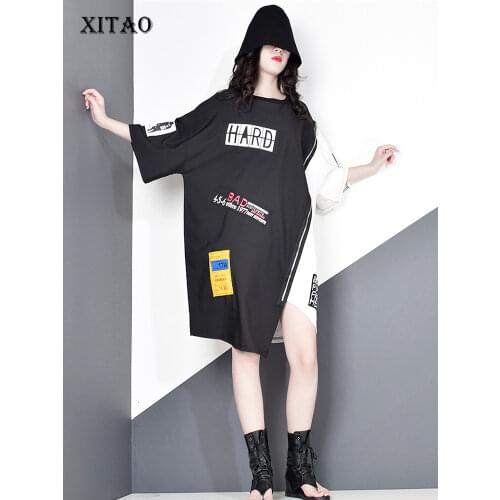 XITAO Patchwork Hit Color Zipper Dress Women Clothes 2020 Summer New Fashion Loose Pullover Short Sleeve Match All Dress WBB3254