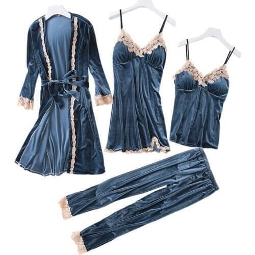 2020 Gold velvet female long-sleeved nightdress sexy four-piece suit long paragraph robe with chest home service sleepwear