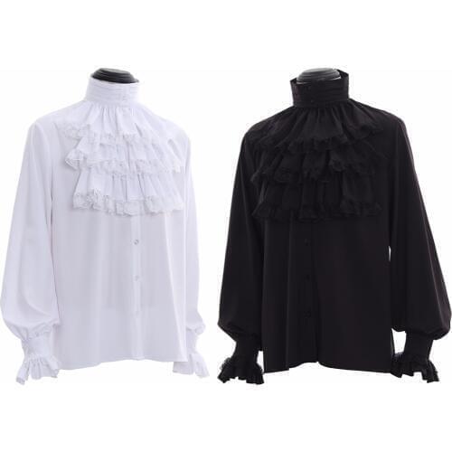 Cosplaydiy Vampire Renaissance Gothic Shirt Tie Medieval Mens White Black Shirt Caribbean Pirate Colonial Shirt Tie Props L0516