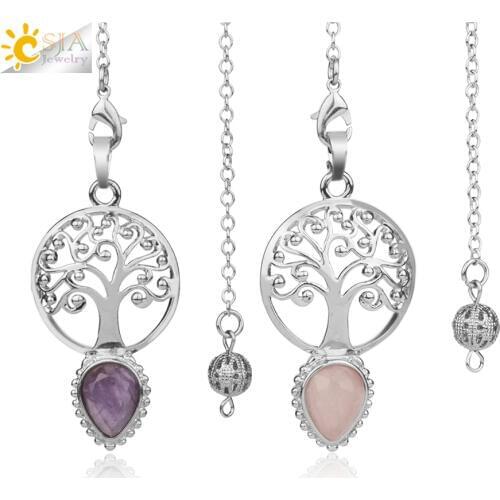 CSJA New Tree of Life Natural Stone Pendulum Water Drop Faceted Healing Crystal Amulet Wicca for Dowsing Divination Jewelry G151