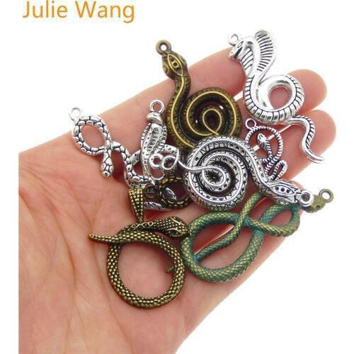 Julie Wang 9PCS Snake Charms Mixed Antique Colors Alloy Animal Necklace Bracelet Jewelry Making Accessory Decoration