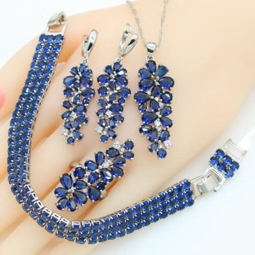 Blue White Stones 925 Silver Jewelry Sets for Women Bracelet Earrings Necklace Pendant Ring Gift Box New Design
