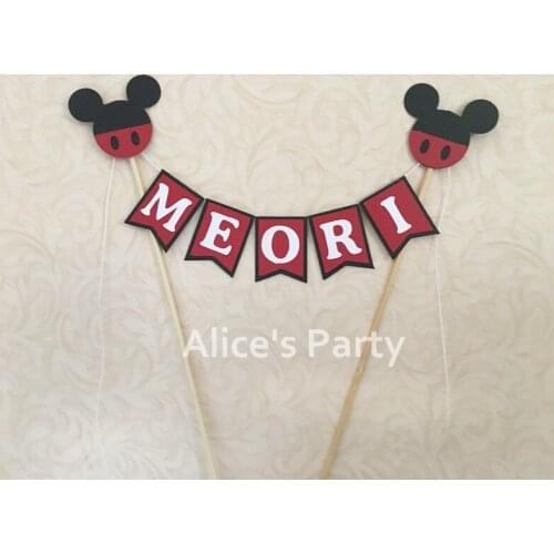 Handmade Red Black Mouse Party Name Cake Topper Bunting Boy Birthday Smash Cake Banner Decoration Baby shower Photo prop