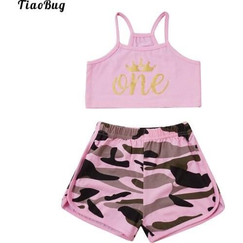 TiaoBug Summer 2Pcs Girls Fashion Cotton Suit Spaghetti Straps Sleeveless Letters Print Cropped Top Camouflage Print Shorts Set