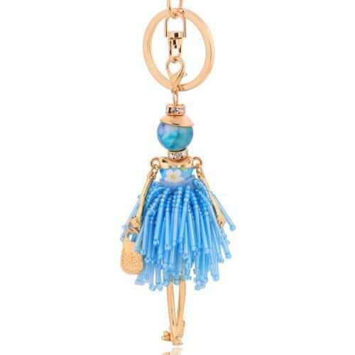 Fashion rhinestone doll car pendant crystal keychain blue tassel key chain cute key ring new charms keyring key holder gifts