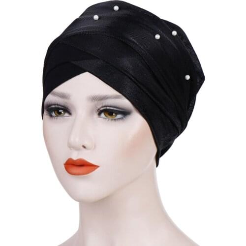 Muslim Women Beads Hijab Elastic Turban Hat Chemo Cancer Cap Arab Head Scarf Wrap Cover Headscarf Islamic Bandanas Accessories