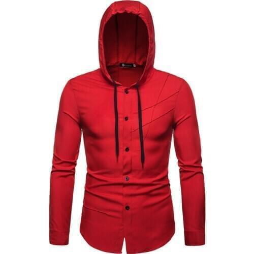 Mens Hooded Shirt Long Sleeve Solid Color Single-Breasted Cardigan Shirt with Personalized Tailoring Casual Slim Tops