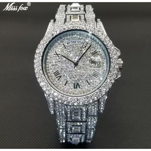 MISSFOX Hip Hop Diamond Mens Watches Luxury Silver Steel Quartz Watch Multifunction Week Display Auto Date Day Iced Out Clock