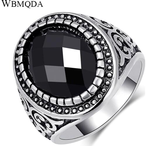 Kinel Hot Black Stone Men Rings Filled Silver Color Engraving Lucky Pattern Wedding Ring Vintage Jewelry Wholesale Drop Shipping