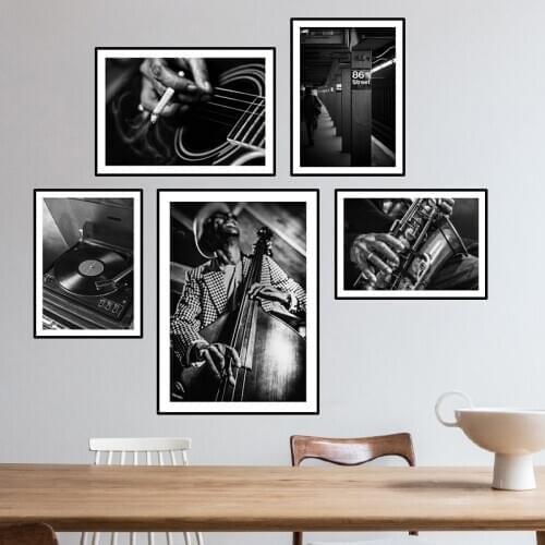 Nordic Wall Art Poster Print Guitar Jazz Music Portrait Canvas Painting Decor Black White Wall Picture For Living Room HD0004