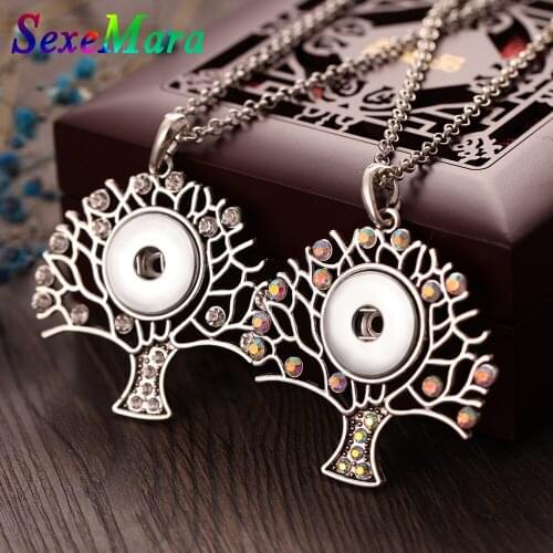 New Fashion Crystal Tree of Life Flower Pendant Necklace Snap Necklace with 80CM Chain Fit DIY 18MM Snap Buttons Jewelry Women