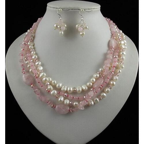 New Arriver Pearl Jewellery Set For Women Rose Quartz White Freshwater Pearl Necklace Earrings Rhinestone Magnet Clasp