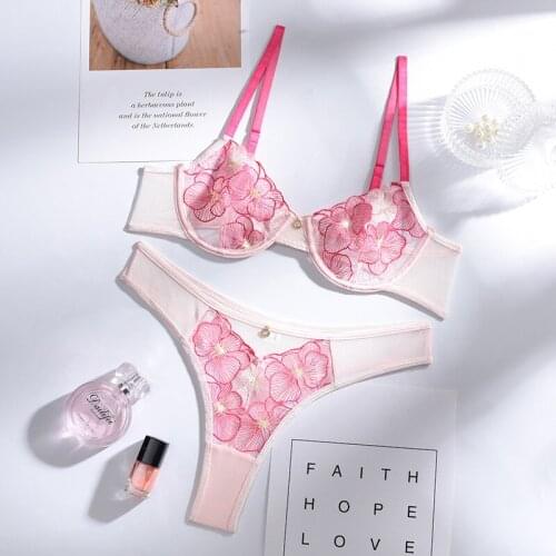 New womens lace embroidered underwear underwire gather bra and panty set thin mesh see-through sexy erotic lingerie thong set