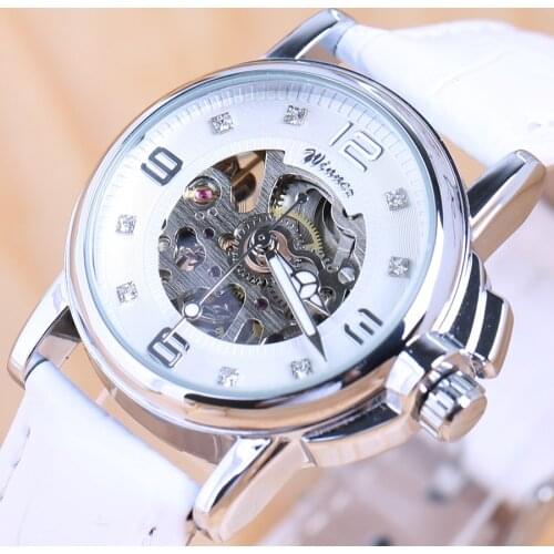 Winner 2021 Ladies Diamond Display Women Top Brand Luxury White Simple Skeleton Transparent Case Automatic Mechanical Watches