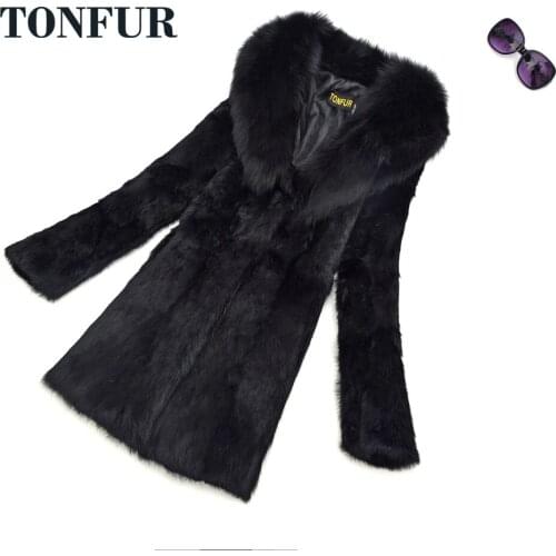 Natural Fur Full Pelt Rabbit Fur Coat with Fox Fur Collar Women Long Fox Fur Jacket Free shipping Customized big size sr260