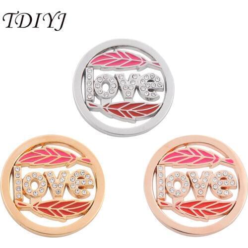 TDIYJ 6Pcs Bijoux Mixed My Coin 33mm NOMADA HOT PINK Coin Disc with Crystal Love fit for Coin Holder Frame Pendant Necklace