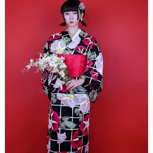 Asian Traditional Japanese Floral Kimono with Obi Womens Cotton Bath Robe Yukata Female Vintage Cosplay Costume Evening Dress