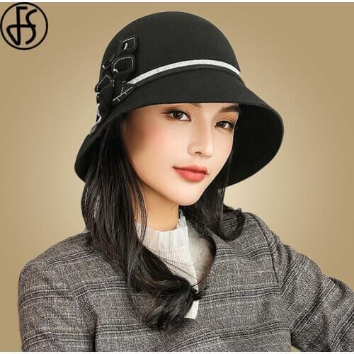 FS Winter Hats For Women Elegant 100% Wool Wide Brim Fedora Hat Felt Flowers Chapeau Femme Cloche Ladies Church Felt Fedoras