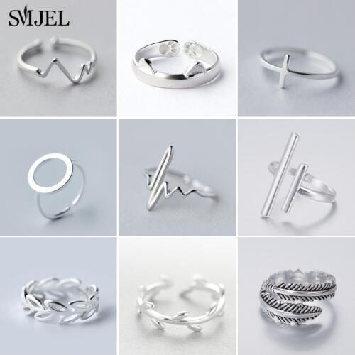 SMJEL Korean New Geometric Circle Open Adjustable Rings For Women Micro Pave Feather Leaves Wave Cat Femme Finger Rings Gifts