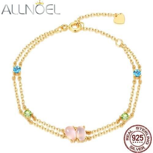 ALLNOEL Solid 925 Sterling Sliver Bracelet For Women Rose Quartz Swiss Blue Topaz Peridot Real Gold Plated Wedding Fine New Gift