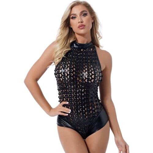 Womens Rave Bar Stage Show Clubwear Sexy Ladies Patent Leather Zipper Back Sleeveless Bodysuit Shiny Hollow Out Catsuit Jumpsuit