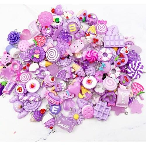 10PCS Mixed Purple Resin Candy Dangle Charms For Jewelry Making Resin Cake Donuts Lollipop Charm With Hook