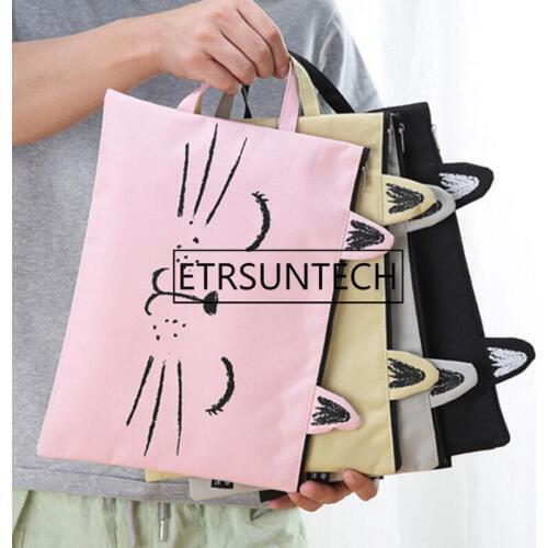 300pcs/lot Large Cute Cat Zipper Canvas Bag Student Stationery Cartoon Paper Receiving Bag Handbag A4 Paper Zipper Handbag