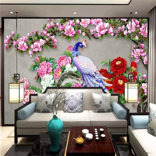 Beibehang Custom Photo Wallpapers for Living Room bedroom Embossed Peacock Magnolia Flower Mural 3D wall paper Home Decoration