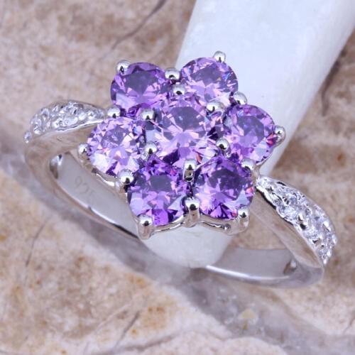 Charismatic Purple Cubic Zirconia Silver Plated Womens Flower Jewelry Ring Size 6 / 7 / 8 / 9 R0542