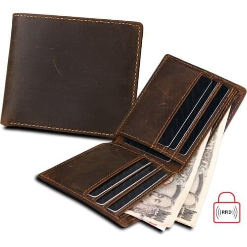 Genuine Leather Men Wallet Crazy Horse Cowhide RFID Blocking Male Vintage Handmade Slim Thin Wallets Purse Card Holder