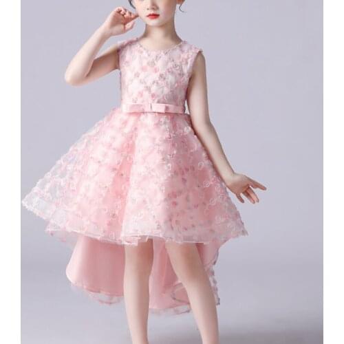 LittleGgirl Wedding Dress Flowers Bowtie Pink Tail Girls Ceremonial Dress Casual Elegant Christening Dress For Baby Girl Tulle