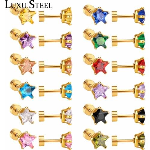 LUXUSTEEL 12pairs/lots Girl Earrings Stainless Steel Wholesale Star Colorful Cubic Zirconia Screw Stud Earring Fashion Jewelry