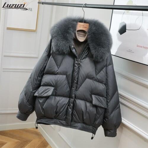 Luzuzi 2021 Winter Down Jacket Womens Short Oversized Fox Fur Collar Down Coat Female Thick Warm 90% White Duck Down Jacket