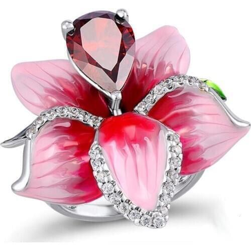 Fashion Silver Enamel Big Flower Wedding Rings for Women Unique Animals Cubic Zirconia Engagement Ring Female Party Boho Jewelry