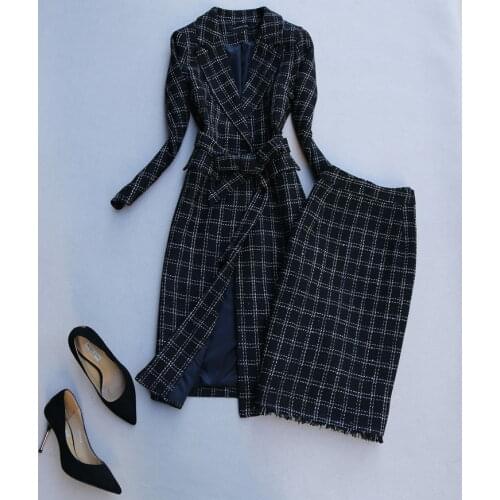 Fashion Plaid suit Women fall winter New high quality woolen jacket Tweed plaid coat suit+High waist skirtl Two-piece suit women