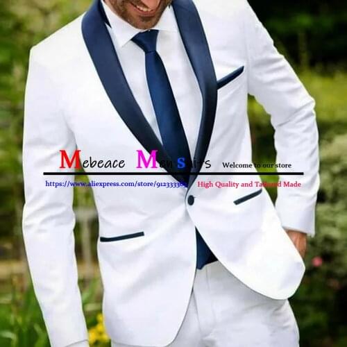 Mens Slim Suits Fashion Whit 2 Pieces Sets Classic Formal Business Shawl Lapel Blazer Male Wedding Groomsmen Tuxedo Costume 2021