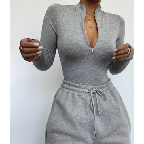 OMSJ New Solid Skinny Autumn Bodies Ladies Gray Long Sleeve Casual Zipper Turtleneck Slim Bodycon Rompers Basic Workout Bodysuit