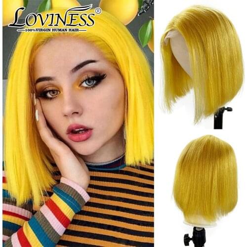 Yellow Short Bob Wigs 13x4x1 T Part Lace Front Human Hair Wig Straight Glueless Pre Plucked Middle Part Short Cut Hair Lace Wig