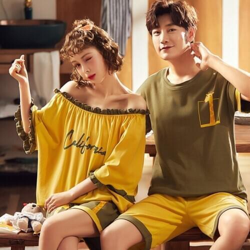 Couple cartoon pajamas cartoon lovers pajamas sets round neck cotton nightgown summer short sleeve shorts pajamas