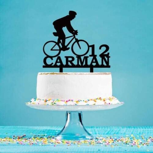 Personalized Mans Birthday Cake Topper Custom Name Age Man Riding Bicycle Silhouette Cake Topper YC142
