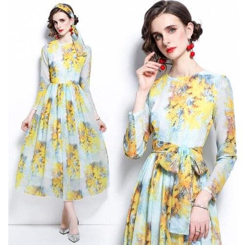 Early Autumn Printed Chiffon Dress Long Sleeve Sashes Flowy Long Dress Office Lady O-Neck Long Dresses for Women Party Wedding