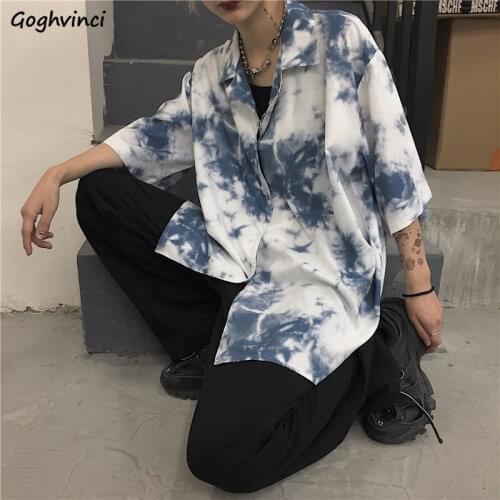Shirt Women Streetwear Trendy Unisex Tie Dye Half-sleeve Oversized Female Button Harajuku Couple Turn-down Collar Cool All-match