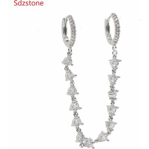 Gold silver color double mini small Huggie hoop with cz tassel chain earring for 2 piercing fashion women jewelry