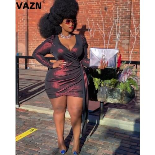 VAZN 2021 Top Quality Plus Size Sexy Club Elegant Solid Deep V-Neck Full Sleeve High Waist Women Thin Pencil Mini Dress