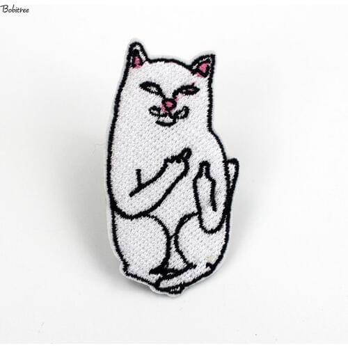 Embroidered White Cat Cloth Patches Iron on Funny Hippie Badges Stickers Appliques for Jacket Jeans Bags Sewing Supplies