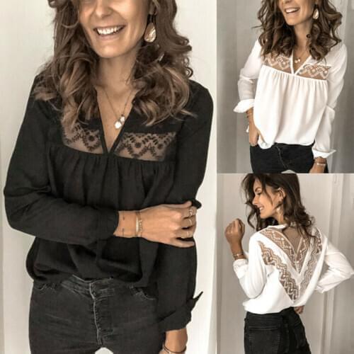 Women Blouses Office Lady Elegant Backless Chemise Shirts Wear Casual Long Sleeve V Neck Patchwork Lace Shirt