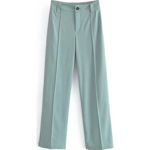 Evfer Women Fashion 2021 Za Summer Long Green Suit Pants Office Lady Casual High Waist Single Button Zipper Chic Pants